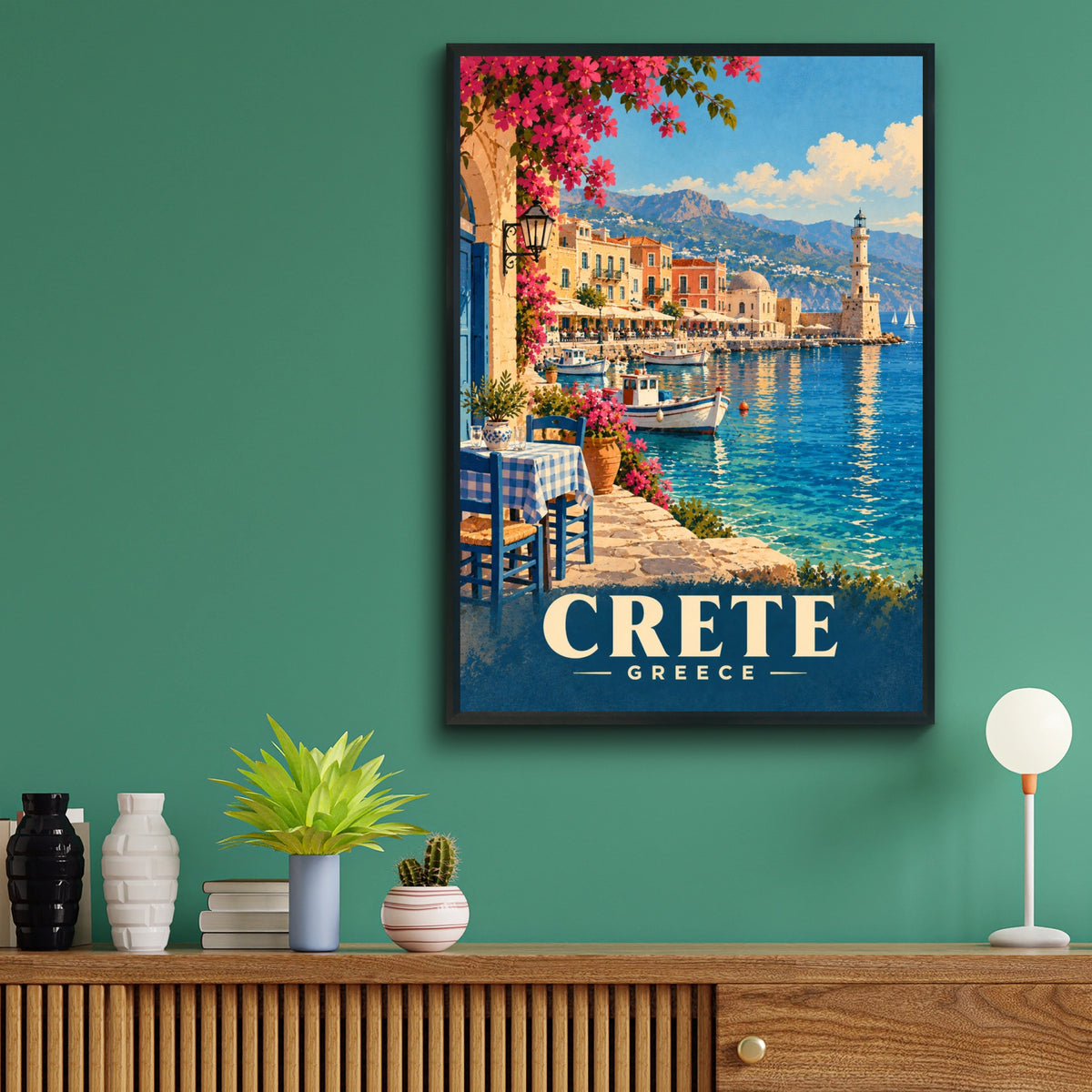 Crete Greece Travel Poster, Chania Harbour Wall Art, Mediterranean Print, Greek Island Decor