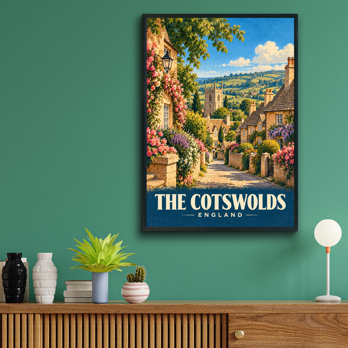 Cotswolds England Travel Poster, Vintage Village Wall Art, English Countryside Print