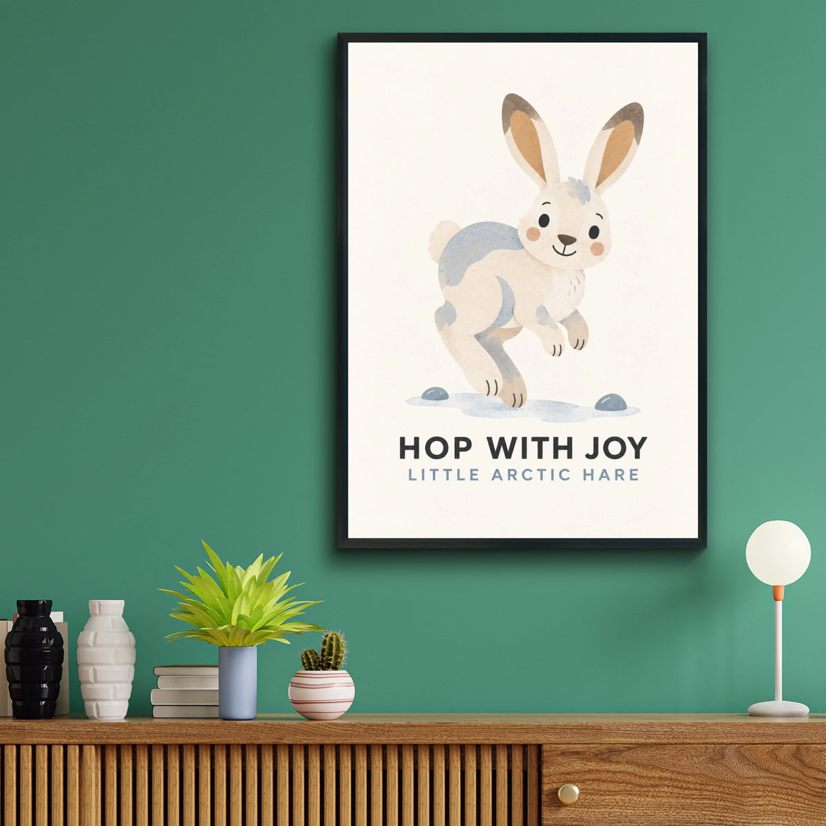 Arctic Hare Kids Poster, Hop With Joy Nursery Wall Art, Cute Rabbit Print, Children's Room Decor