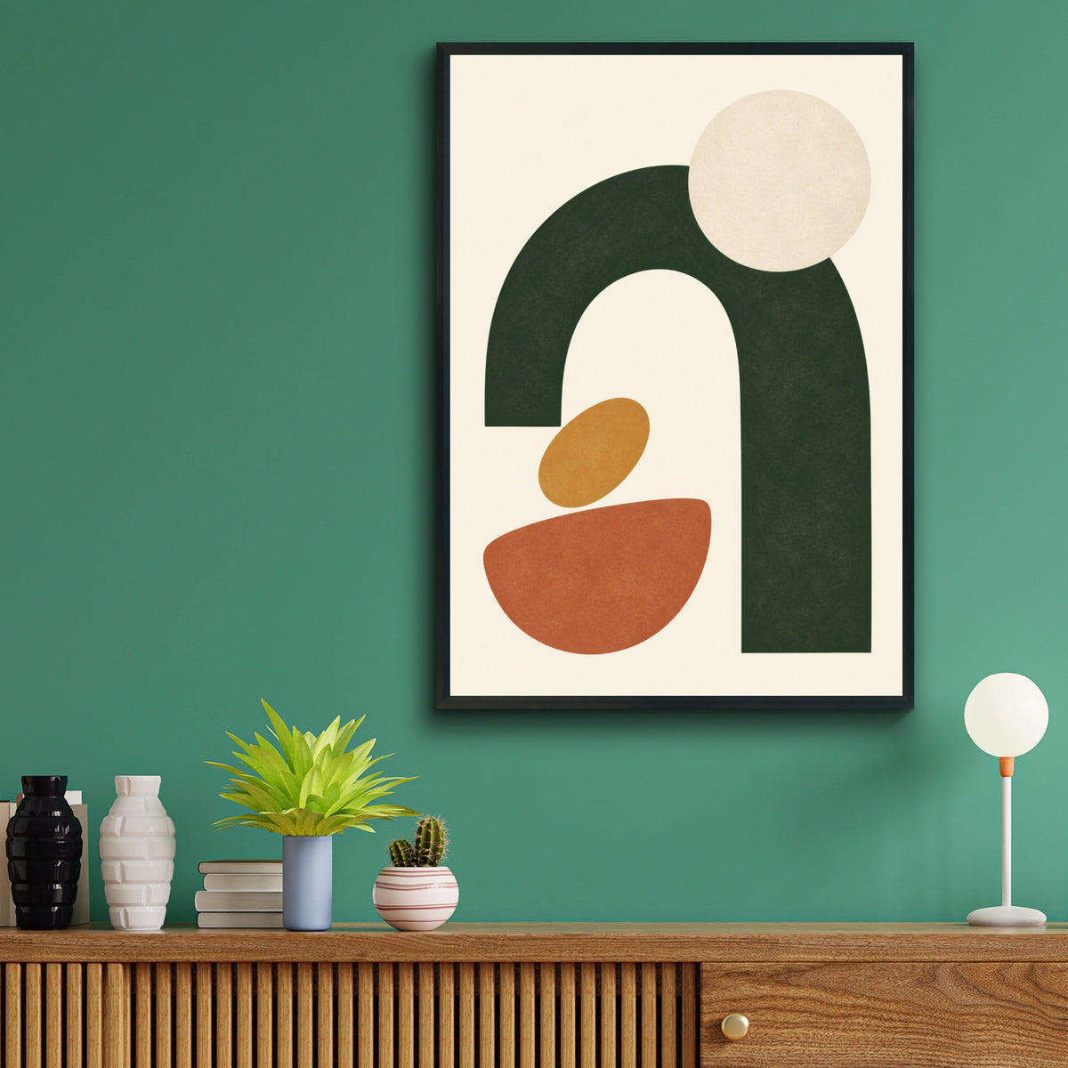 Forest Green Abstract Arch Poster, Geometric Shapes Wall Art, Earthy Boho Print