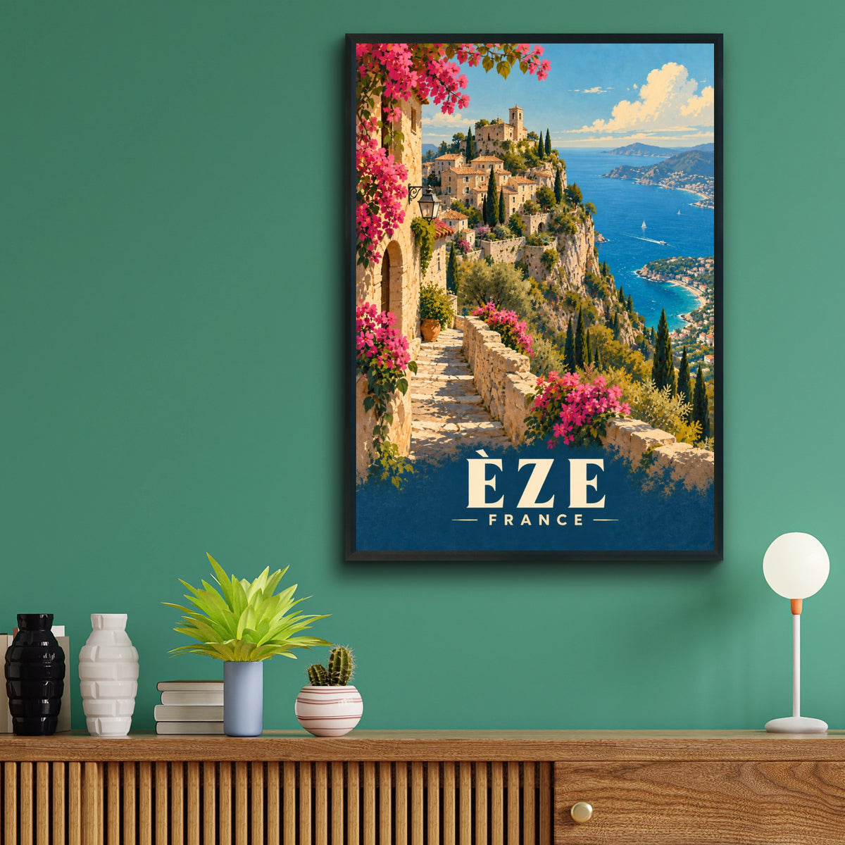 Eze France Travel Poster, French Riviera Wall Art, Cote d'Azur Village Print