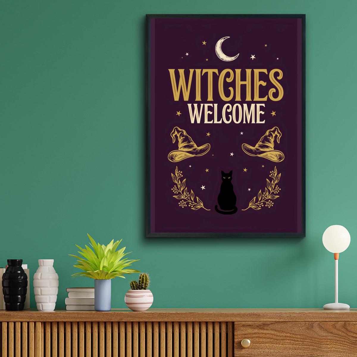 Witches Welcome Poster, Black Cat Moon Wall Art, Gothic Halloween Print, Dark Purple Gold