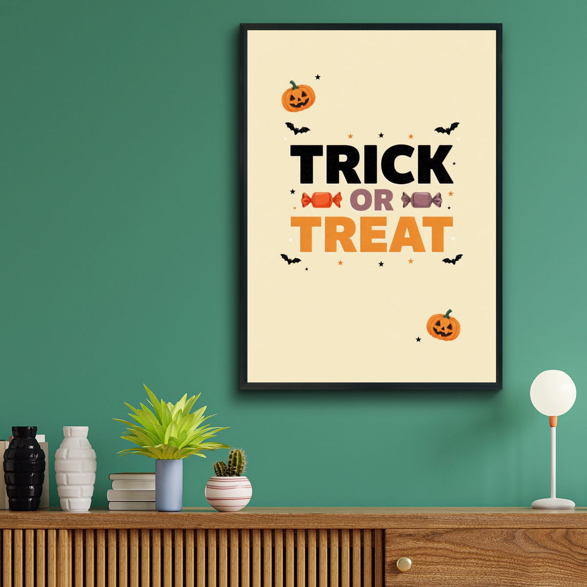 Trick or Treat Halloween Poster, Pumpkin Bat Candy Wall Art, Spooky Kids Print