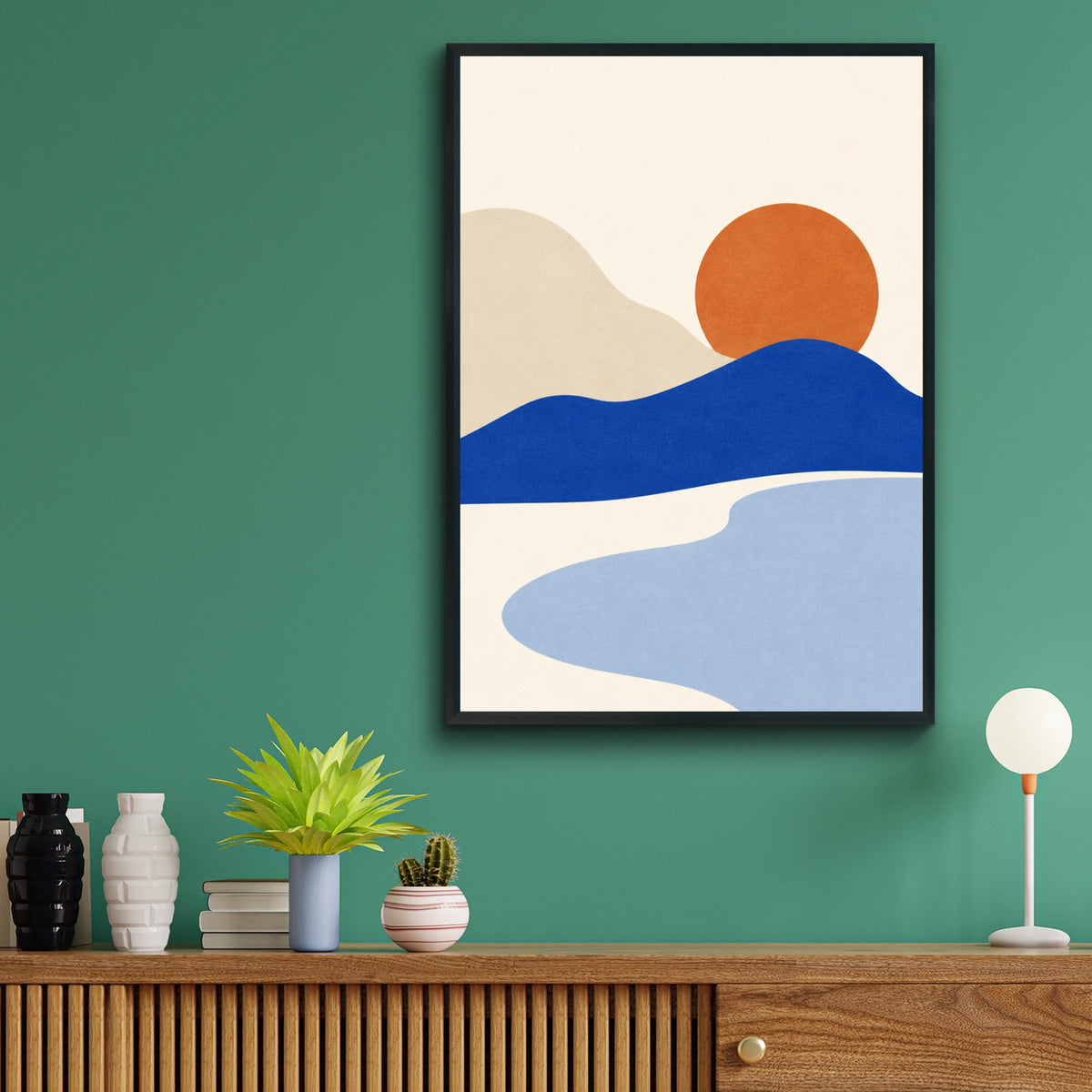 Cobalt Horizon Abstract Landscape Print, Minimalist Sunset Wall Art, Blue Orange Boho Poster