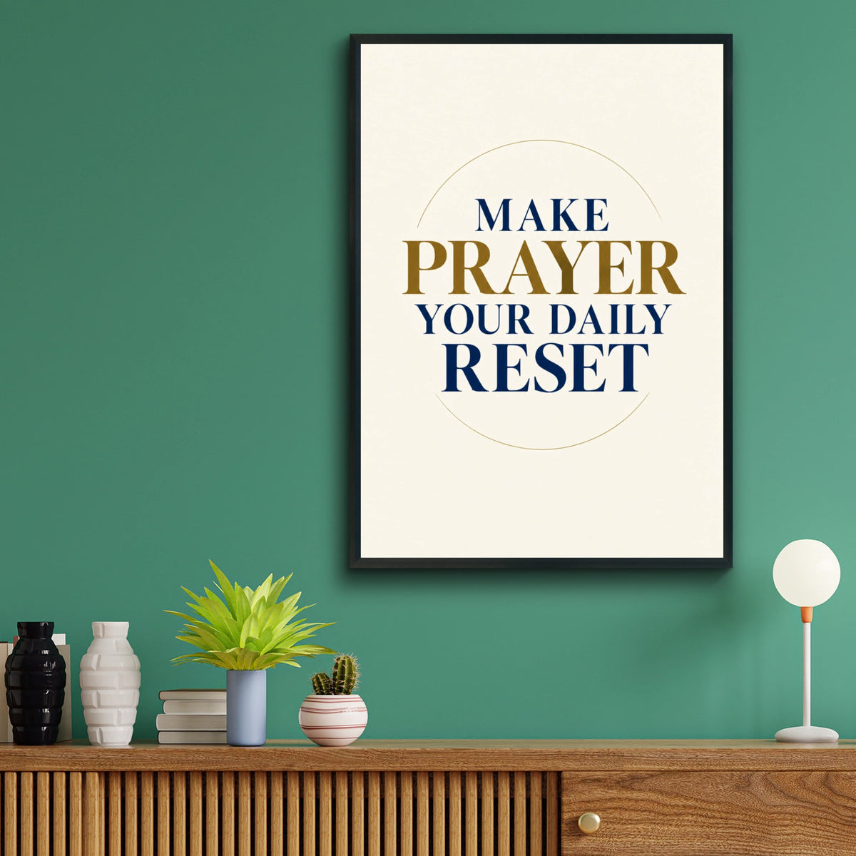 Make Prayer Your Daily Reset Poster, Christian Wall Art, Navy Gold Faith Print