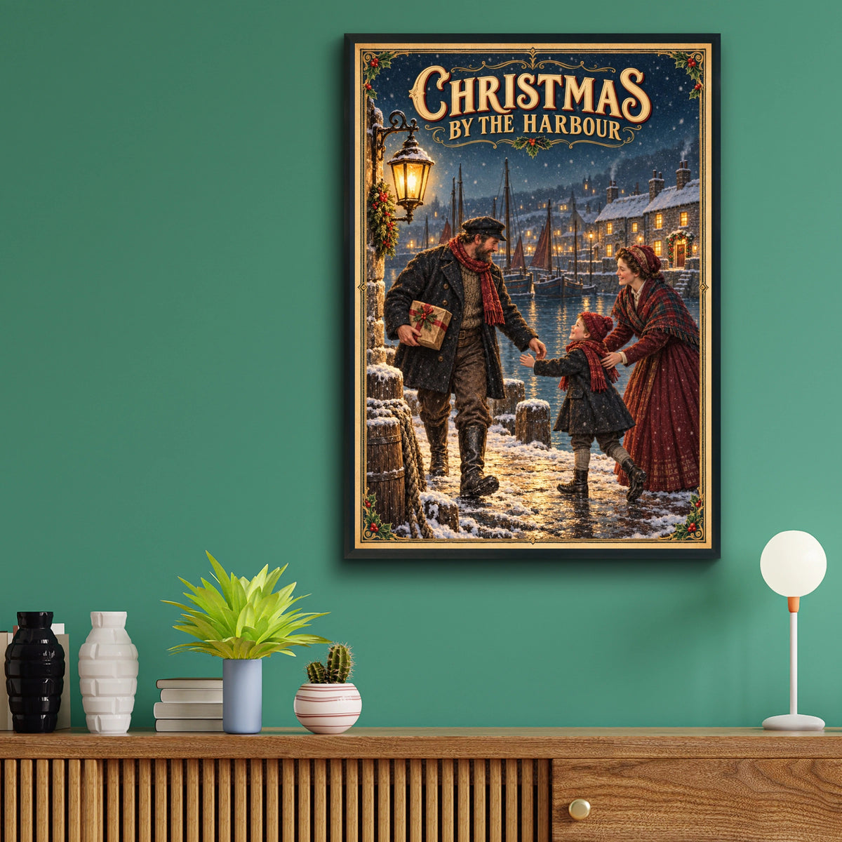 Christmas by the Harbour Poster, Victorian Nautical Xmas Wall Art, Snowy Festive Print
