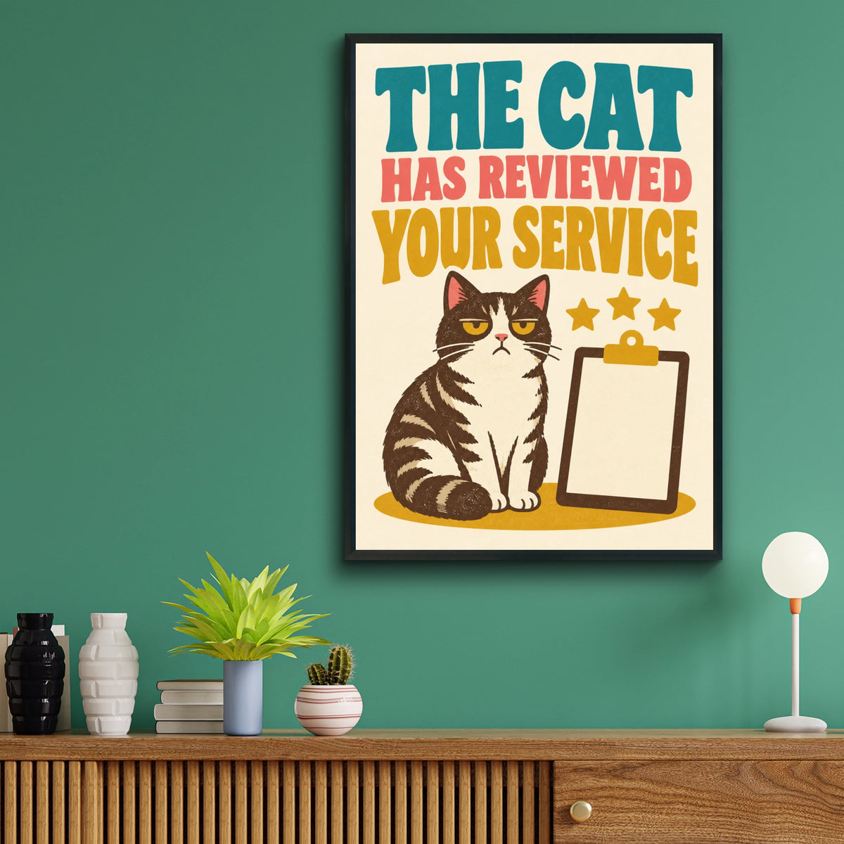 The Cat Has Reviewed Your Service Funny Cat Poster, Retro Grumpy Cat Wall Art