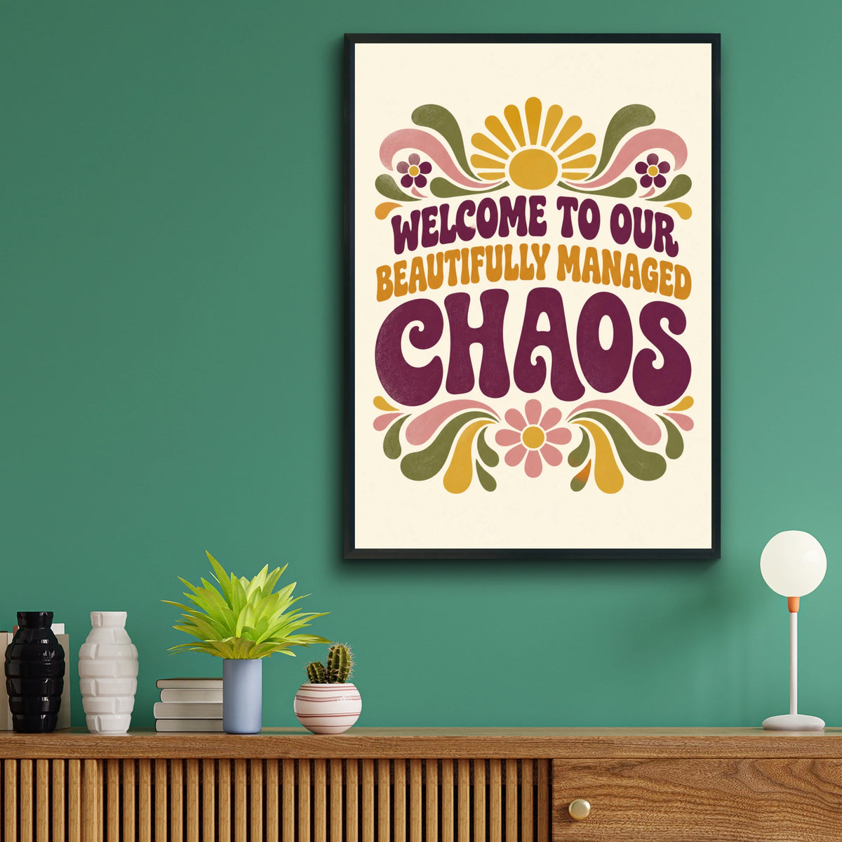 Beautifully Managed Chaos Retro Quote Print, Funny Home Wall Art, 70s Groovy