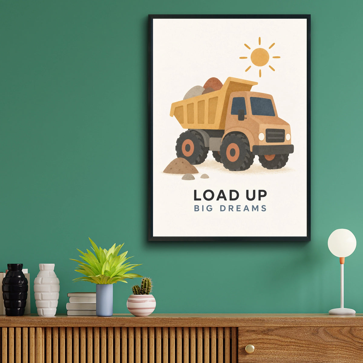 Dump Truck Boys Bedroom Poster, Load Up Big Dreams Quote, Construction Nursery Wall Art Print