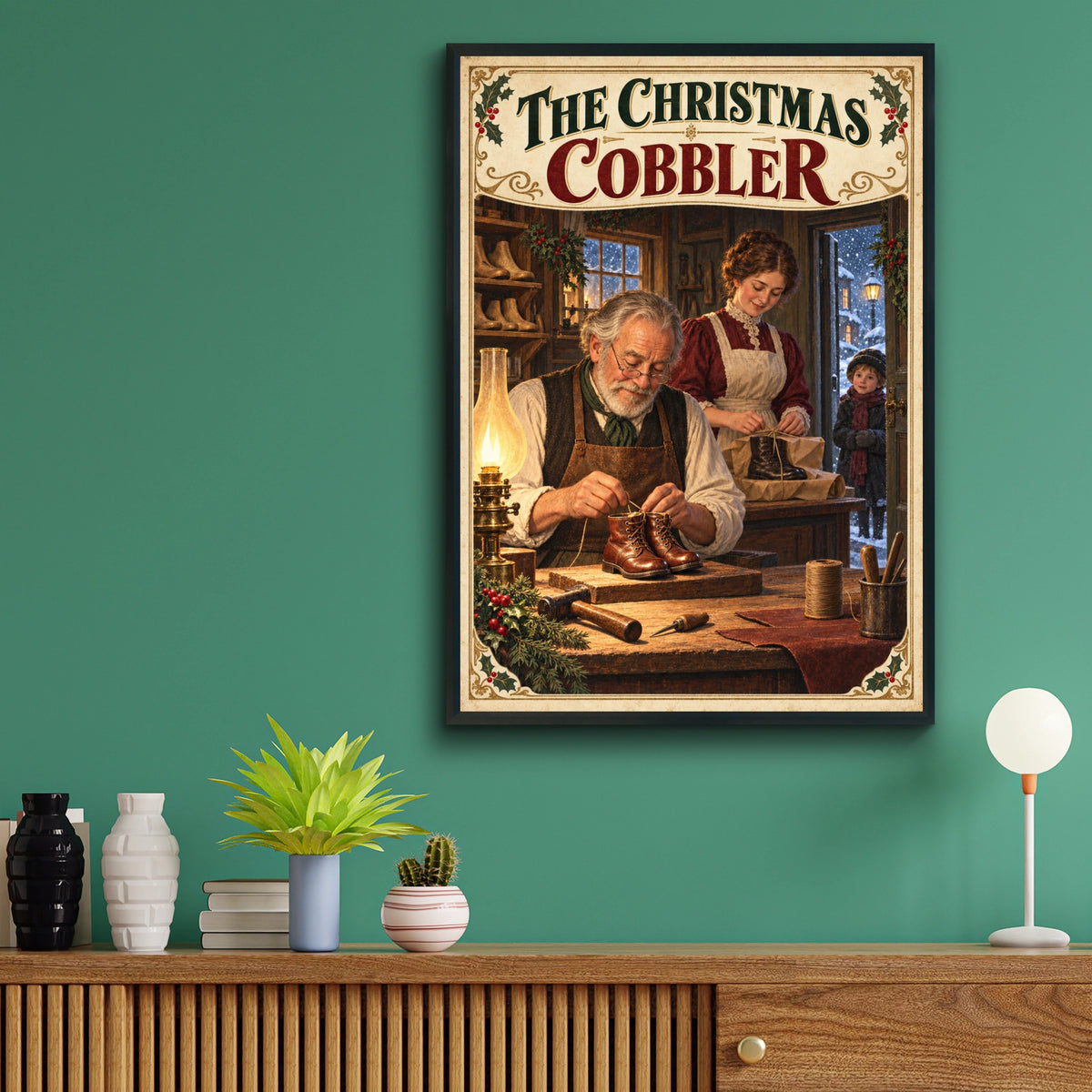 The Christmas Cobbler Vintage Poster, Victorian Holiday Wall Art, Festive Craft Print