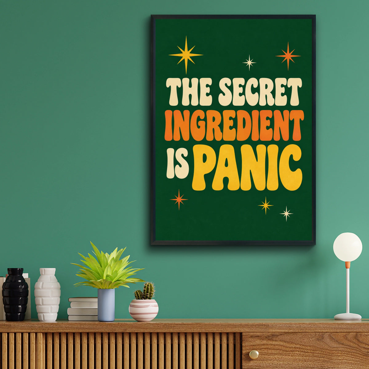 The Secret Ingredient Is Panic Poster, Funny Kitchen Wall Art, Retro Green Print