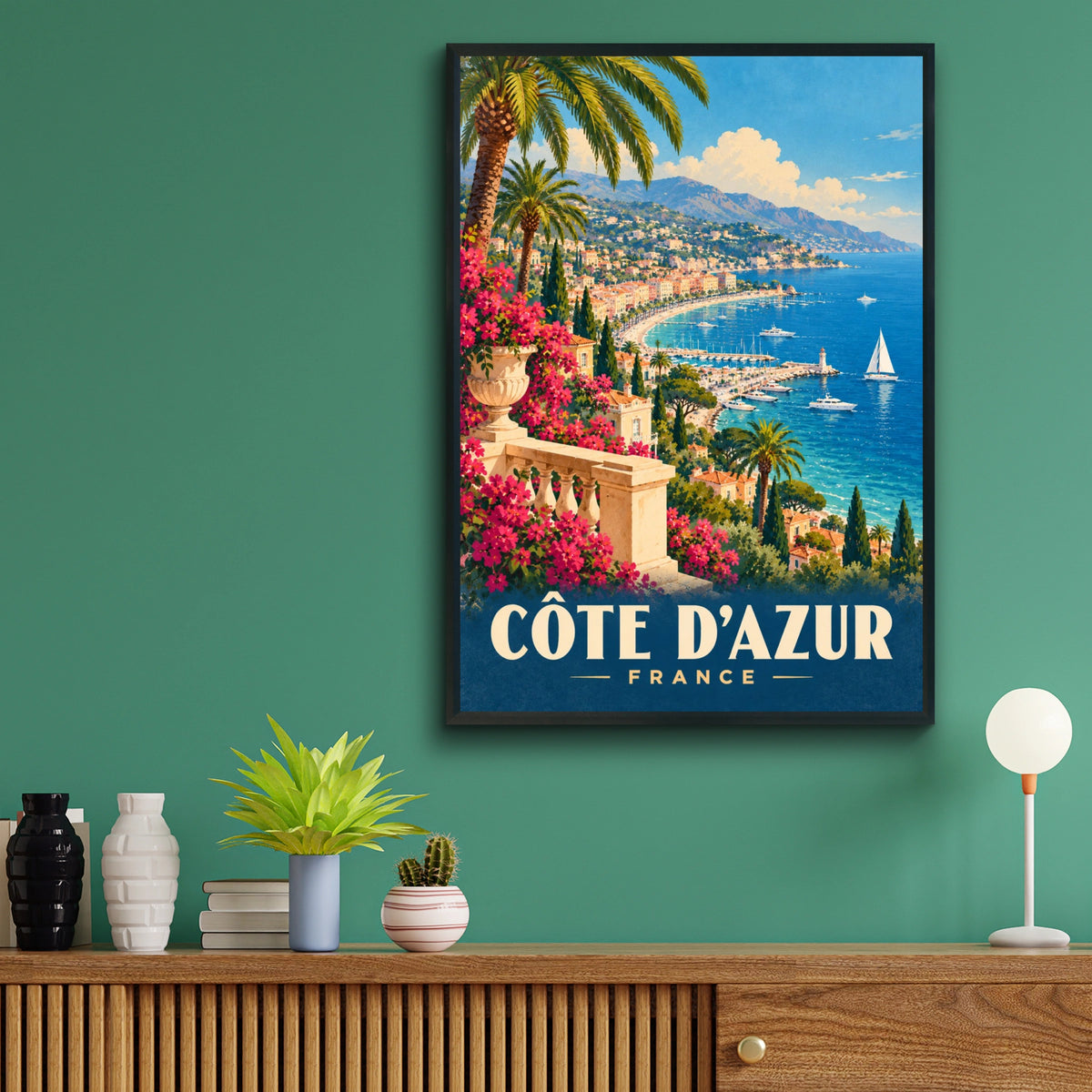 Cote d'Azur France Travel Poster, Retro French Riviera Wall Art, Mediterranean Print