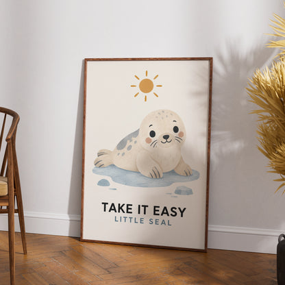 Take It Easy Little Seal Poster, Cute Baby Seal Print, Kids Ocean Animal Wall Art