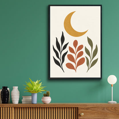 Ochre Moon Garden Botanical Poster, Boho Crescent Moon Wall Art, Terracotta Leaf Print
