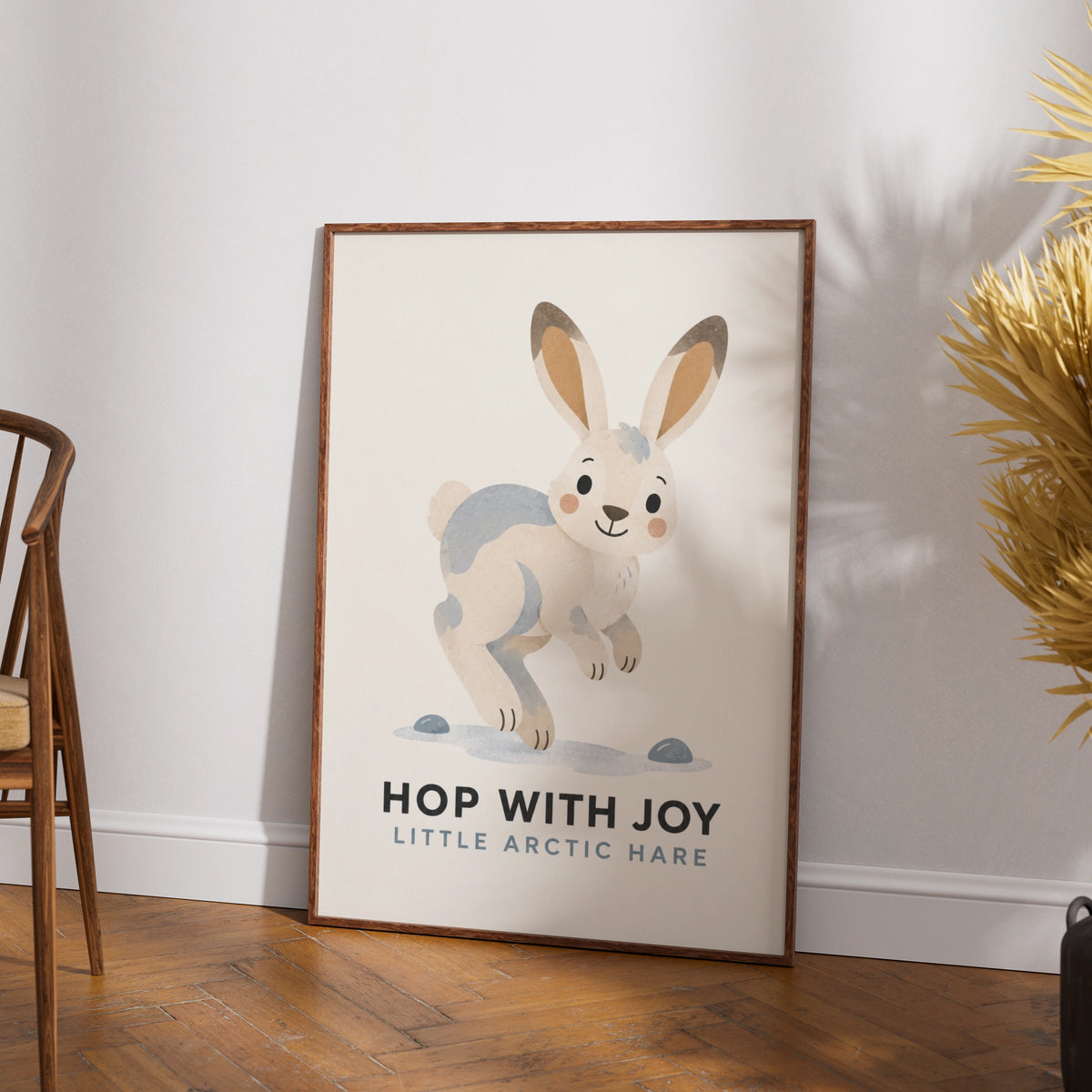 Arctic Hare Kids Poster, Hop With Joy Nursery Wall Art, Cute Rabbit Print, Children's Room Decor