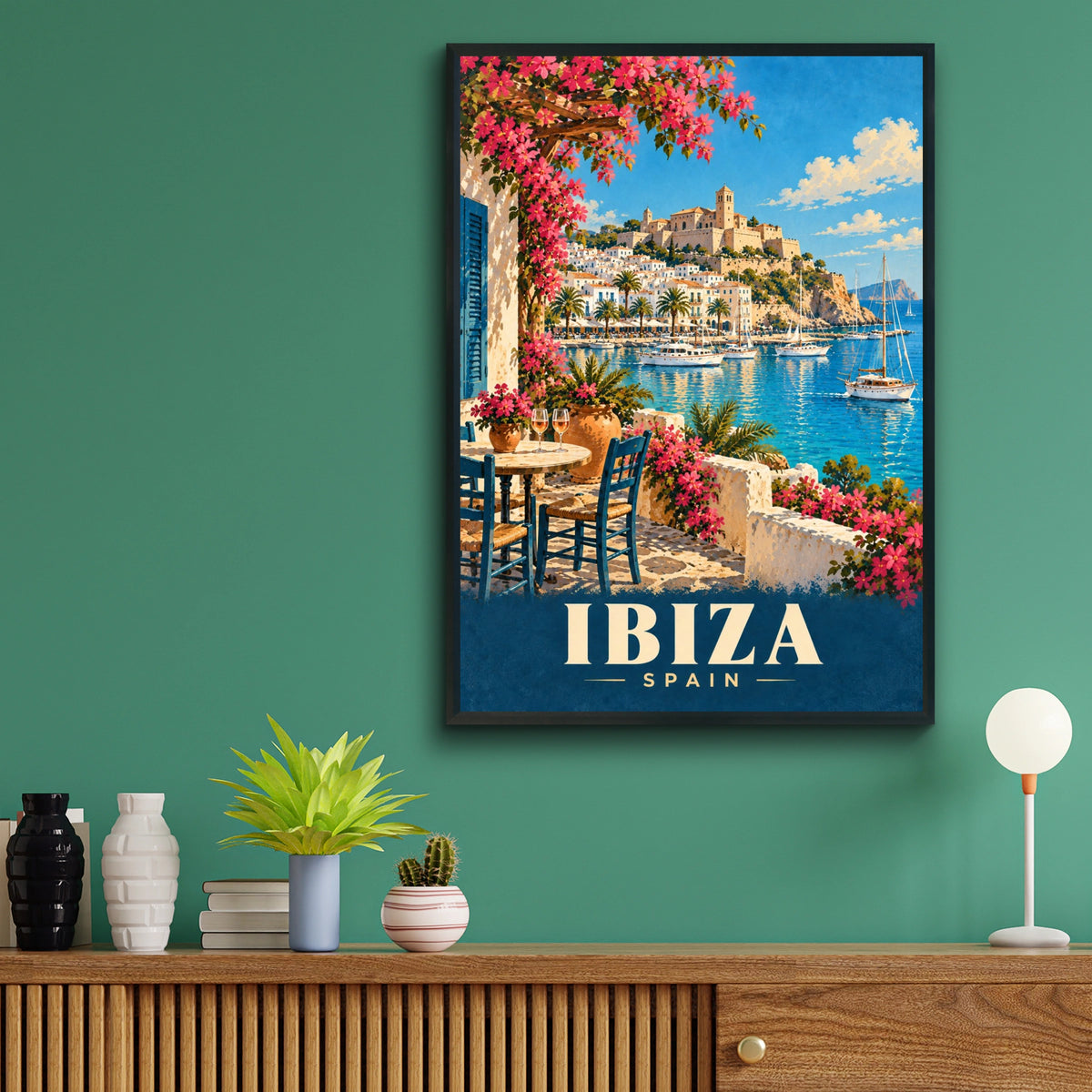 Ibiza Spain Travel Poster, Mediterranean Harbour Wall Art, Vintage Style Print