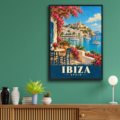 Ibiza Spain Travel Poster, Mediterranean Harbour Wall Art, Vintage Style Print