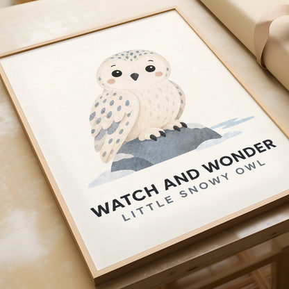 Snowy Owl Nursery Poster, Cute Owl Wall Art Print, Kids Room Decor, Baby Animal