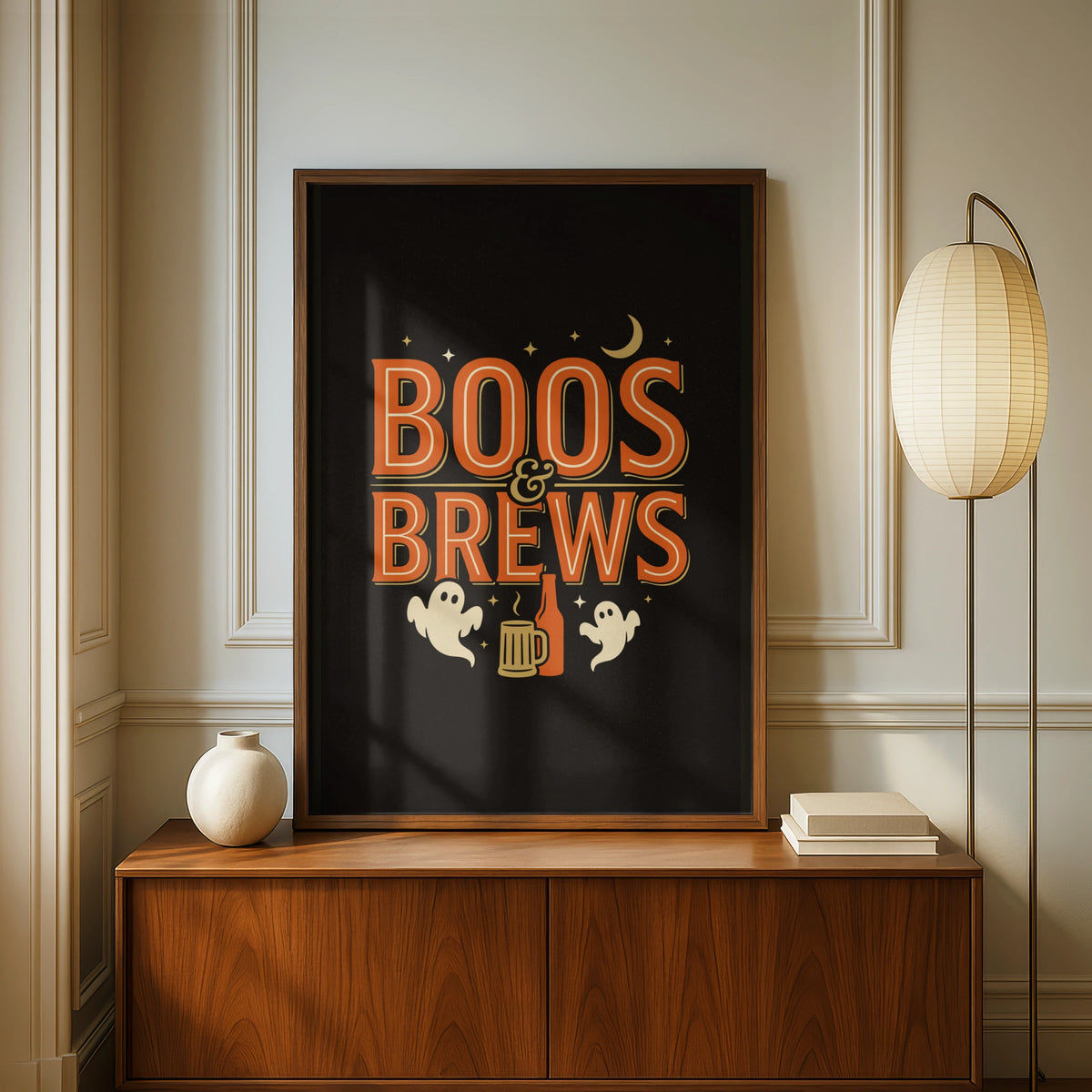 Boos and Brews Halloween Poster, Ghost Beer Print, Spooky Bar Wall Art, Orange Black