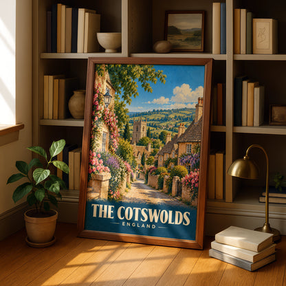 Cotswolds England Travel Poster, Vintage Village Wall Art, English Countryside Print