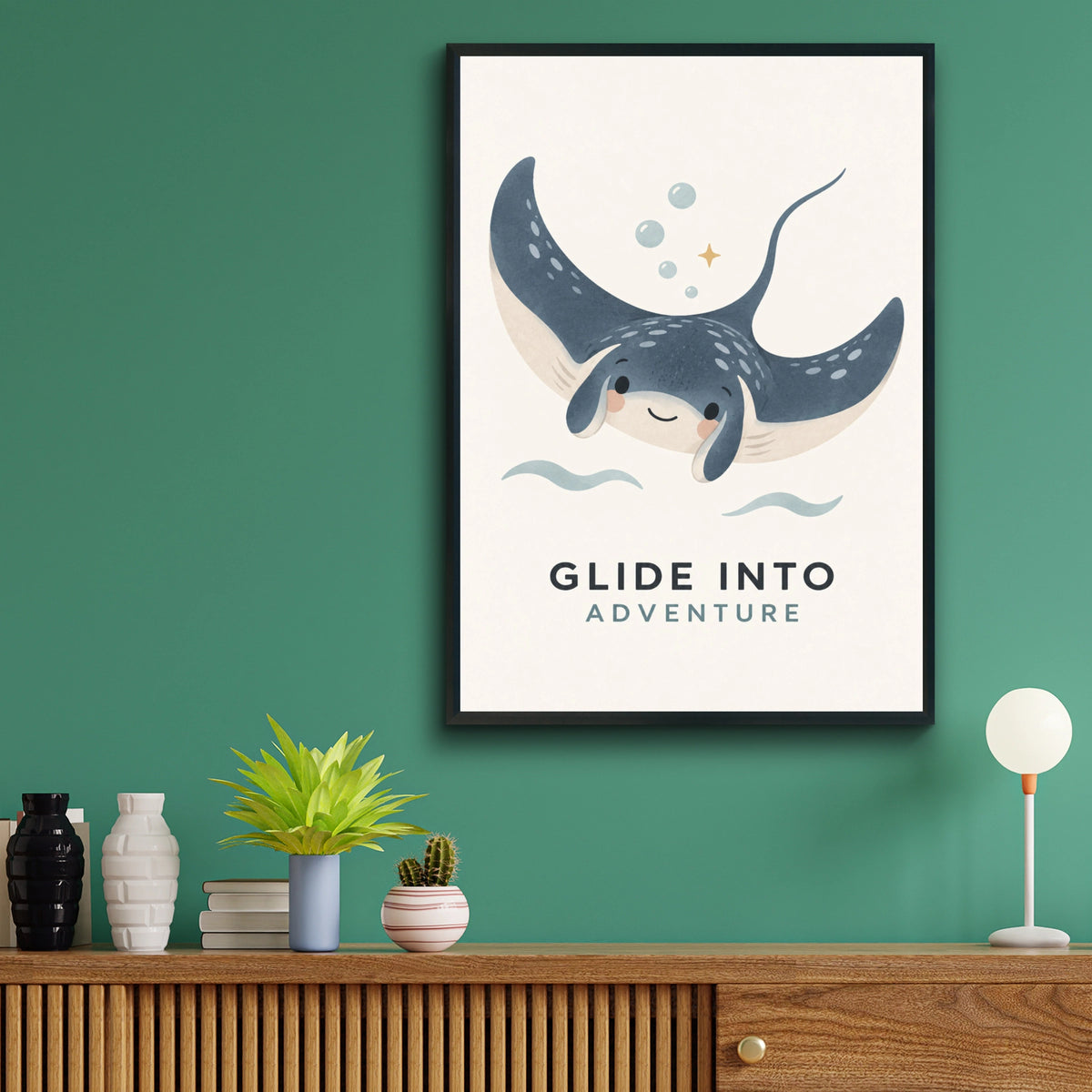 Glide Into Adventure Stingray Poster, Cute Ocean Kids Wall Art, Blue Nursery Print