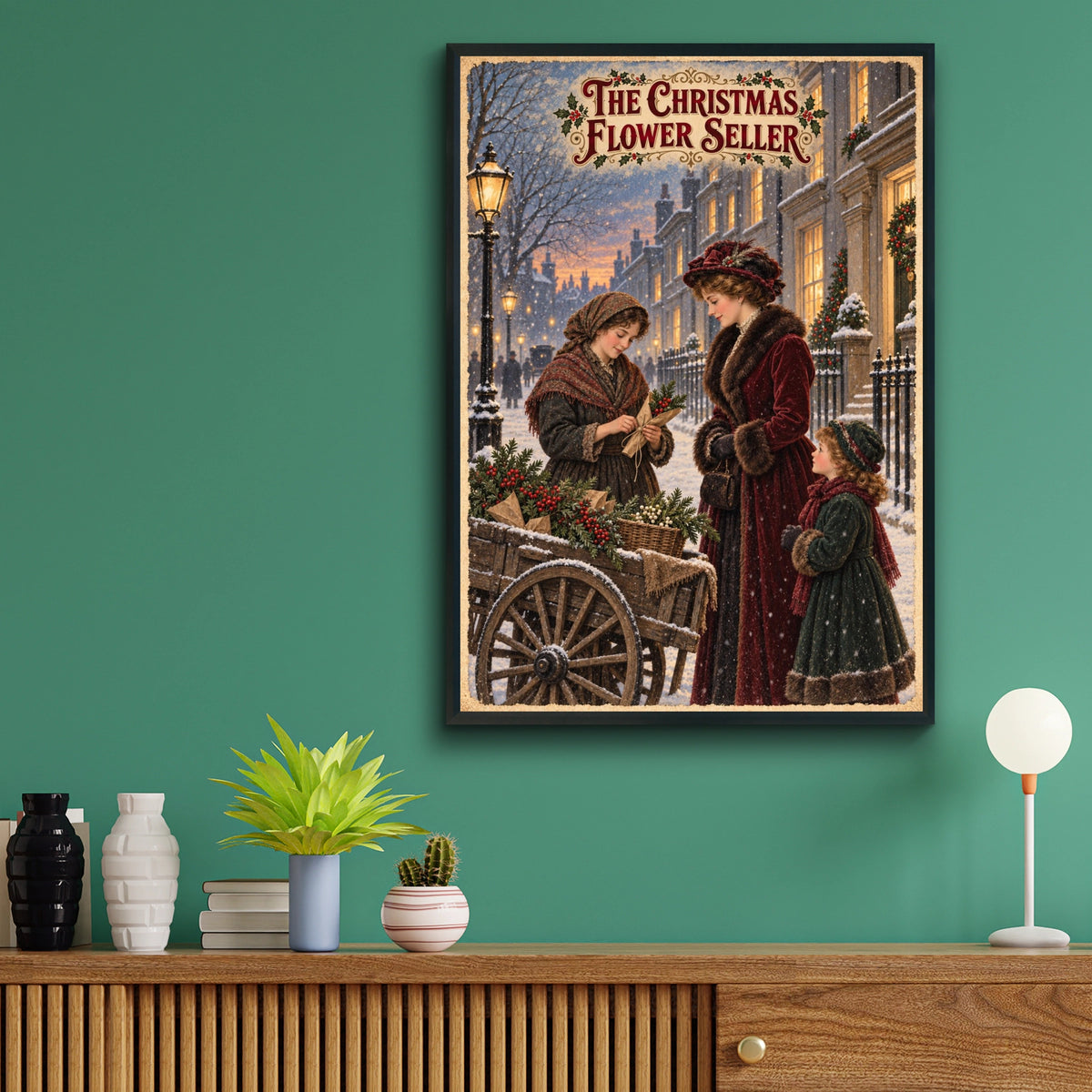 Victorian Christmas Flower Seller Poster, Vintage Snowy Street Wall Art Print