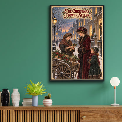 Victorian Christmas Flower Seller Poster, Vintage Snowy Street Wall Art Print
