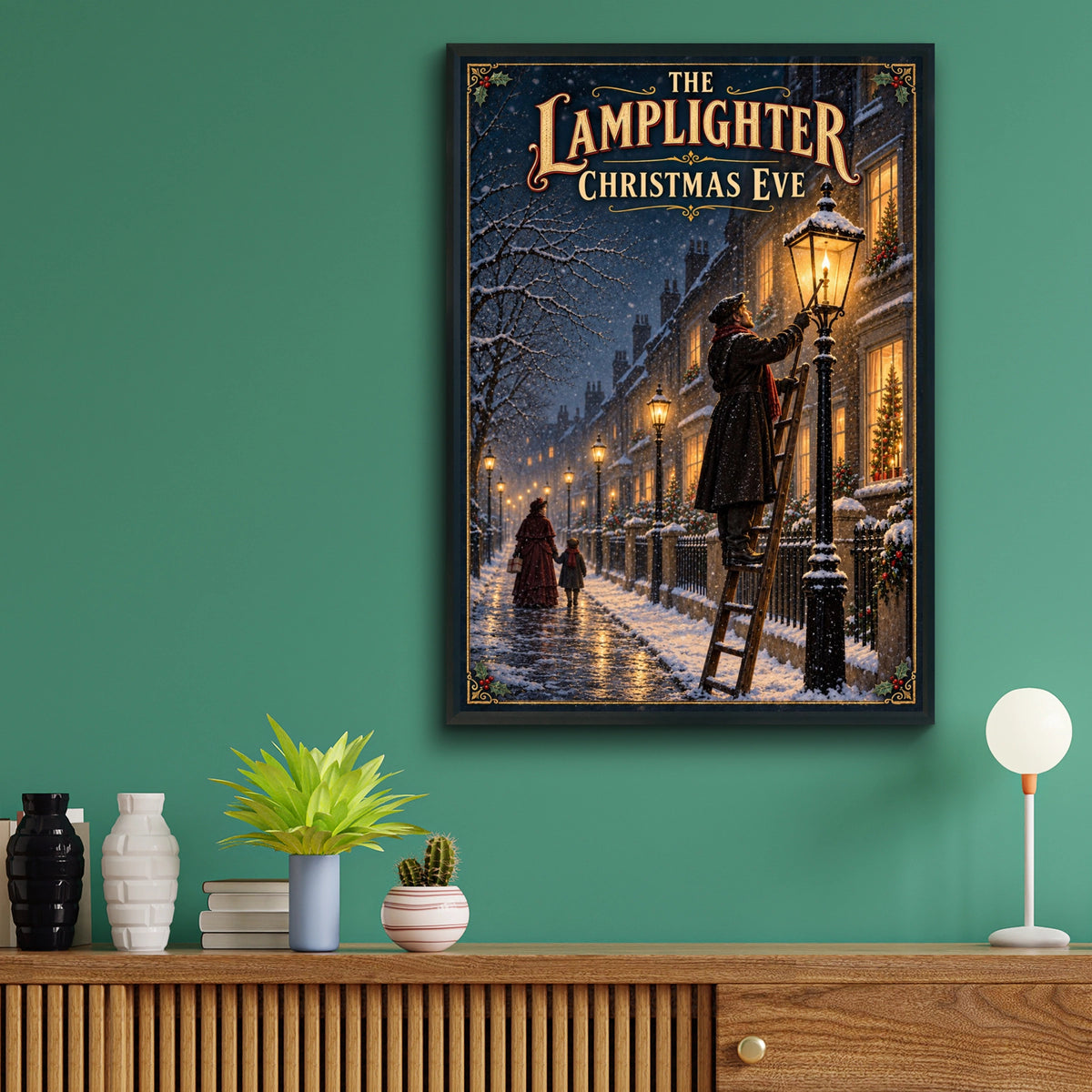 Victorian Christmas Eve Poster, Lamplighter Snow Street Wall Art, Dickensian Festive Print