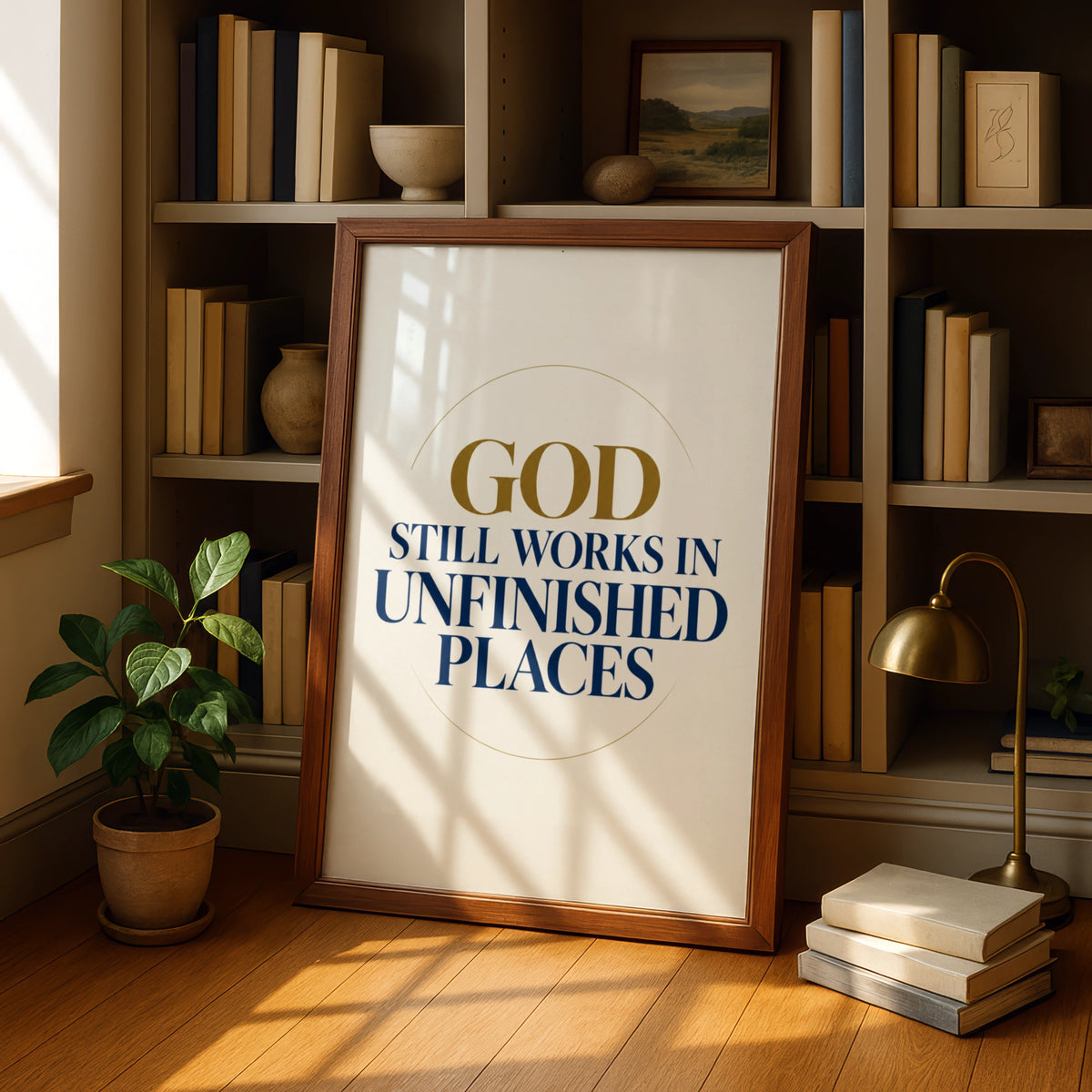 God Still Works In Unfinished Places Christian Faith Poster, Navy Gold Wall Art