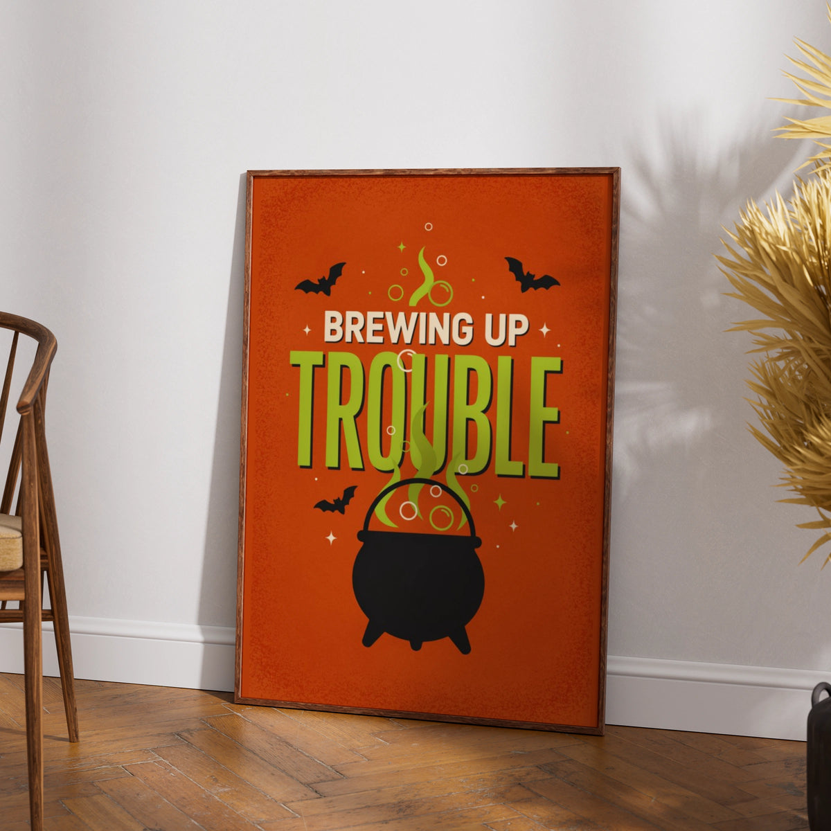 Brewing Up Trouble Halloween Poster, Witch Cauldron Wall Art, Orange Green Retro Print