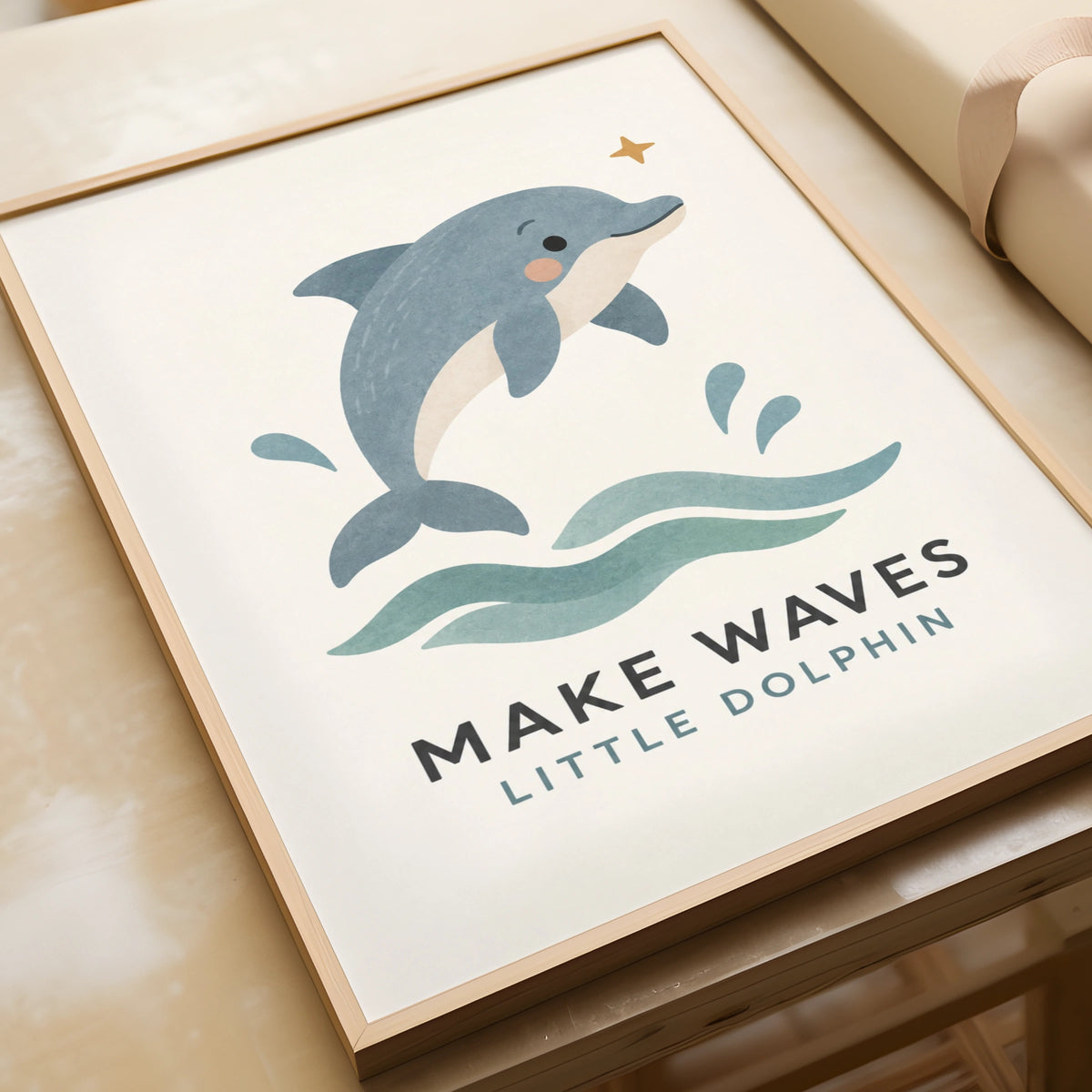 Make Waves Little Dolphin Print, Cute Ocean Nursery Poster, Kids Sea Animal Wall Art