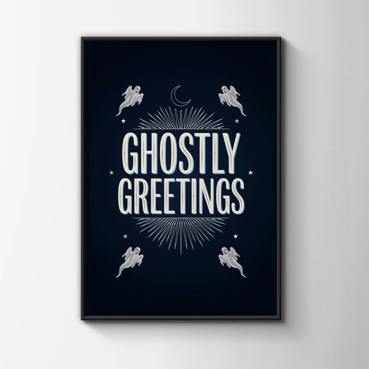 Ghostly Greetings Halloween Poster, Spooky Ghost Wall Art, Navy Blue Celestial Print