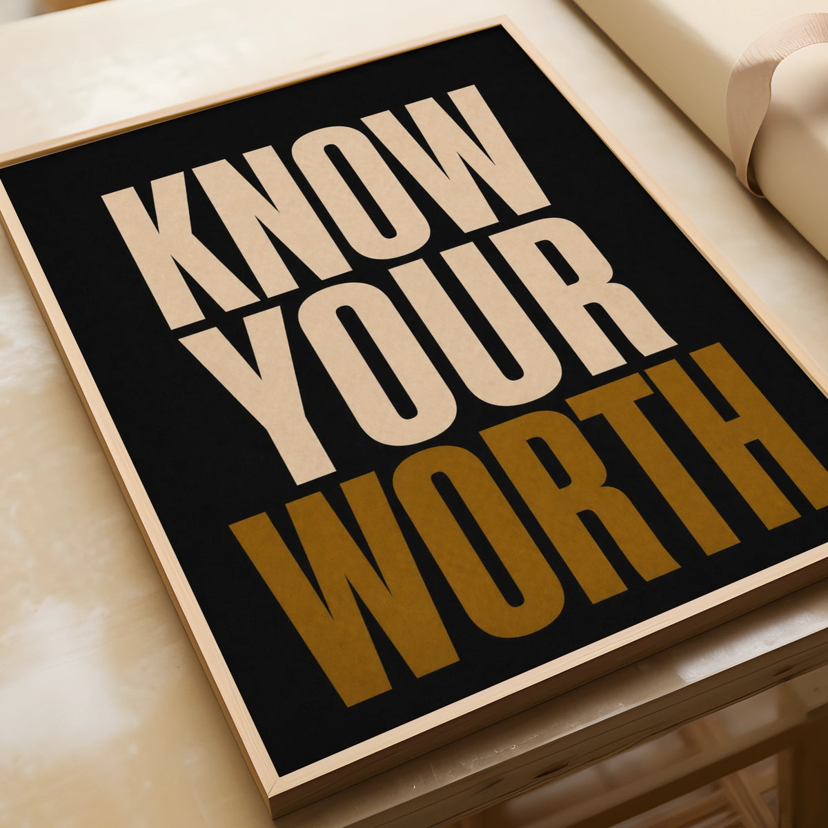 Know Your Worth Motivational Quote Poster, Bold Typography Wall Art, Black Gold