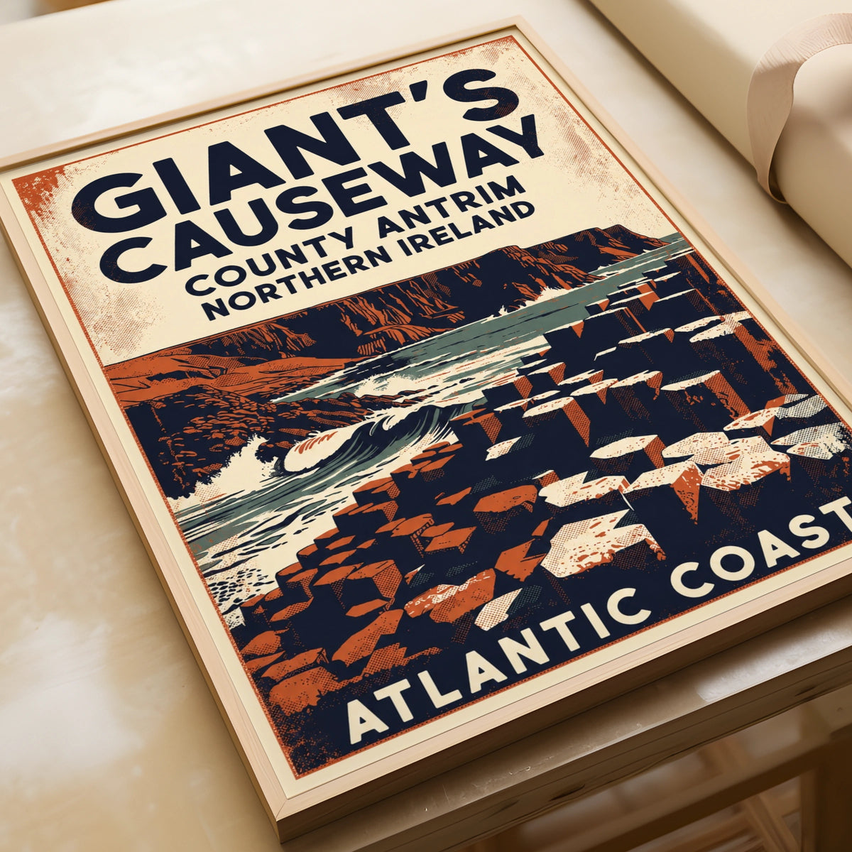 Giant's Causeway Poster, Northern Ireland Vintage Travel Print, County Antrim Wall Art