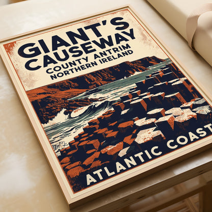 Giant's Causeway Poster, Northern Ireland Vintage Travel Print, County Antrim Wall Art