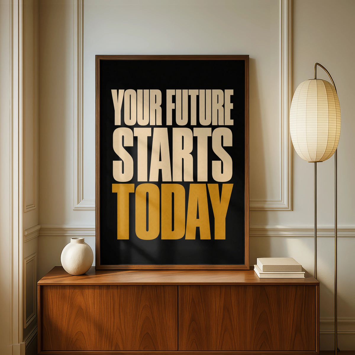 Your Future Starts Today Motivational Quote Poster, Black Gold Bold Typography Wall Art