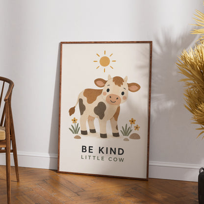 Be Kind Little Cow Nursery Print, Cute Farm Animal Poster, Kids Wall Art Gift