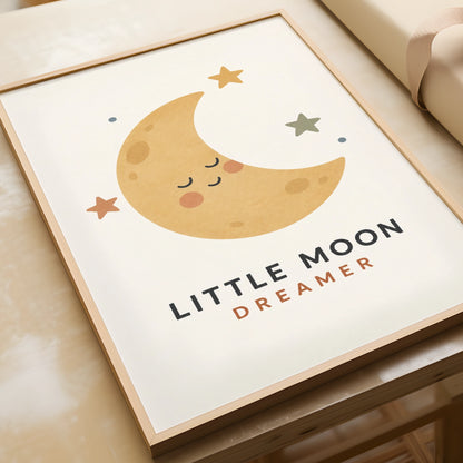 Little Moon Dreamer Nursery Poster, Boho Baby Room Wall Art, Crescent Moon Stars Print