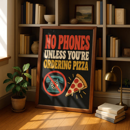 No Phones Unless Ordering Pizza Poster, Funny Kitchen Wall Art, Retro Quote Print