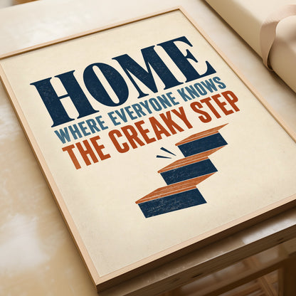 Creaky Step Funny Home Quote Print, Retro Staircase Humour Wall Art, Navy Rust
