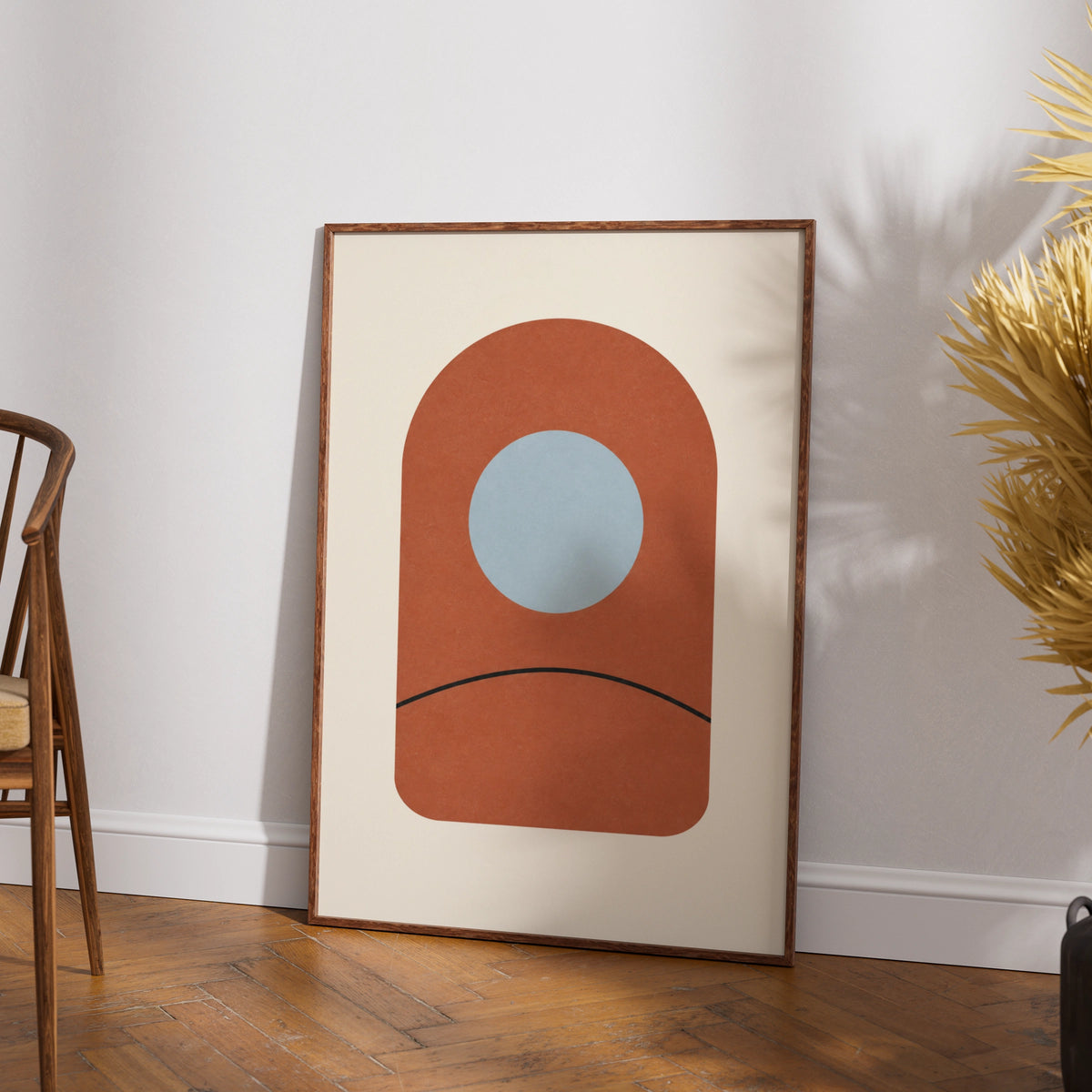 Terracotta Arch Window Art Print, Minimalist Clay Abstract Poster, Blue Circle Wall Art