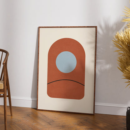 Terracotta Arch Window Art Print, Minimalist Clay Abstract Poster, Blue Circle Wall Art