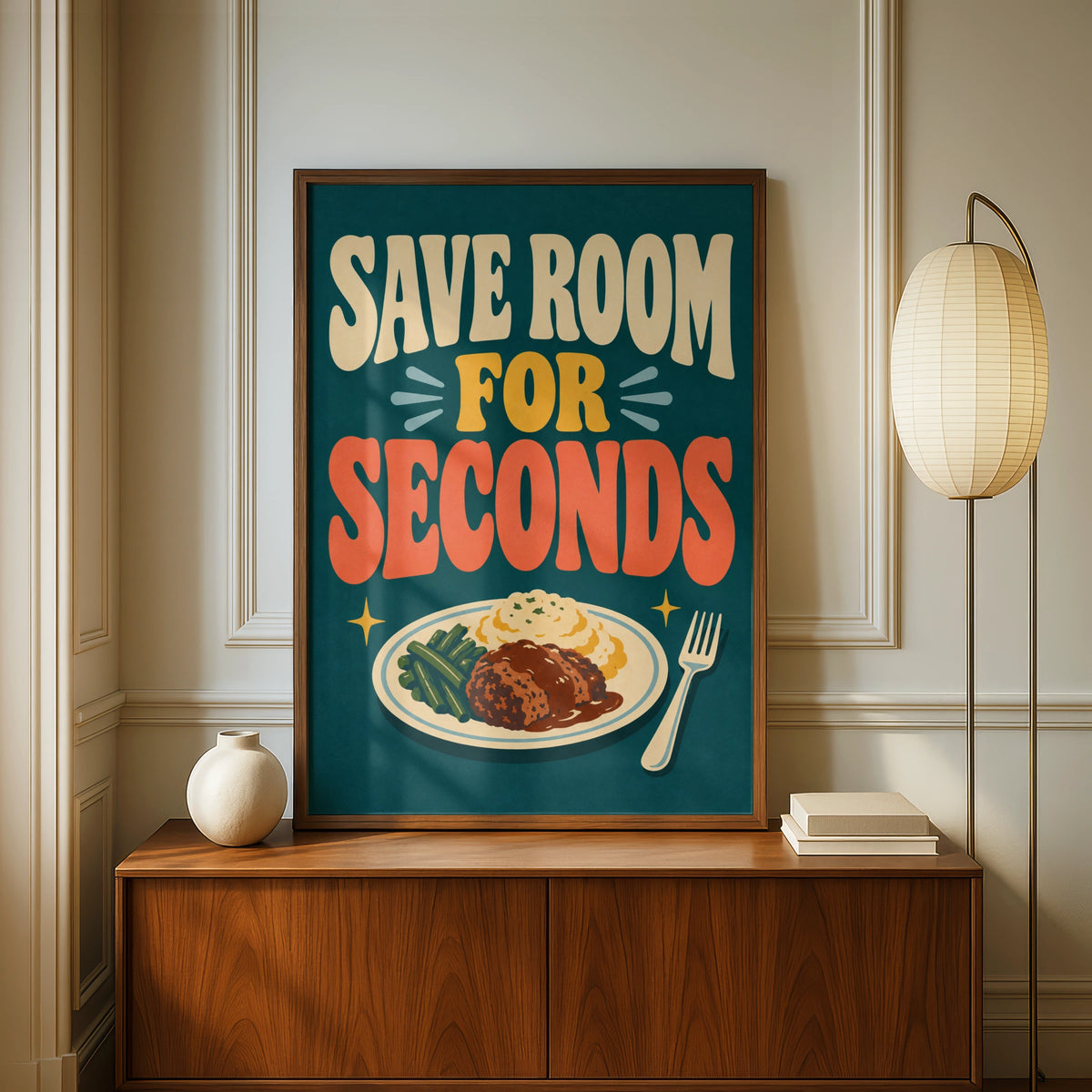 Save Room For Seconds Retro Food Poster, Funny Kitchen Wall Art, Dining Room Print