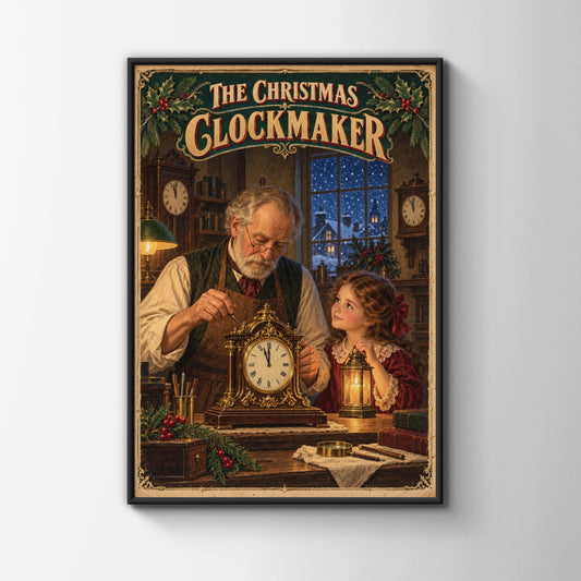 Christmas Clockmaker Workshop Poster, Vintage Victorian Holiday Wall Art Print