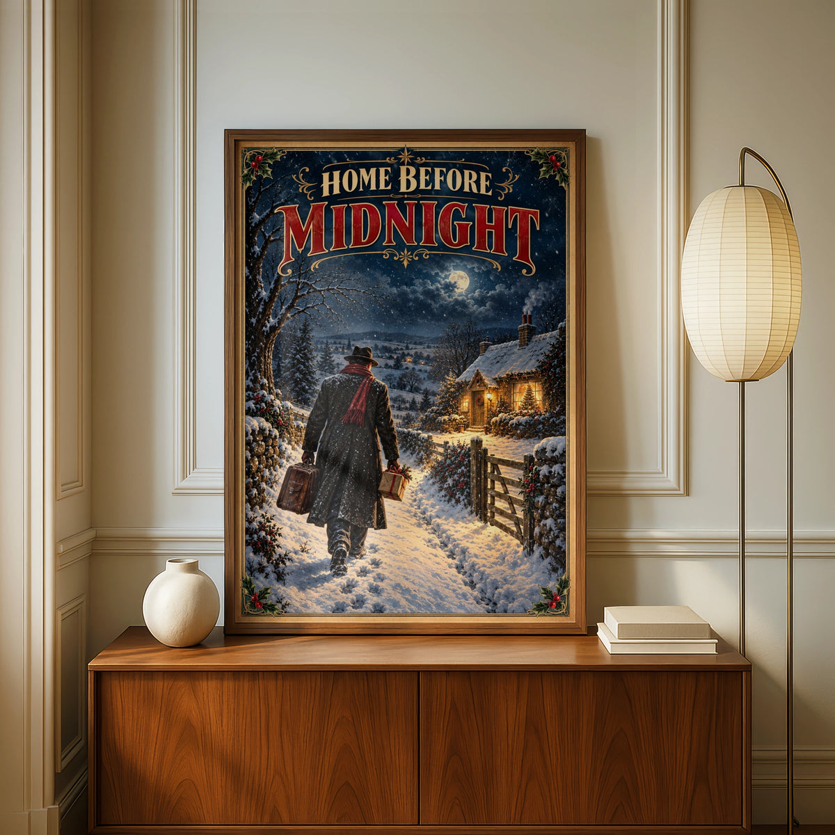 Home Before Midnight Winter Christmas Poster, Vintage Snowy Cottage Wall Art, Retro Holiday Print