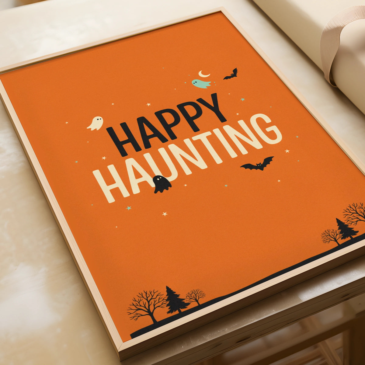 Happy Haunting Halloween Poster, Ghost Bat Orange Wall Art, Spooky Season Print