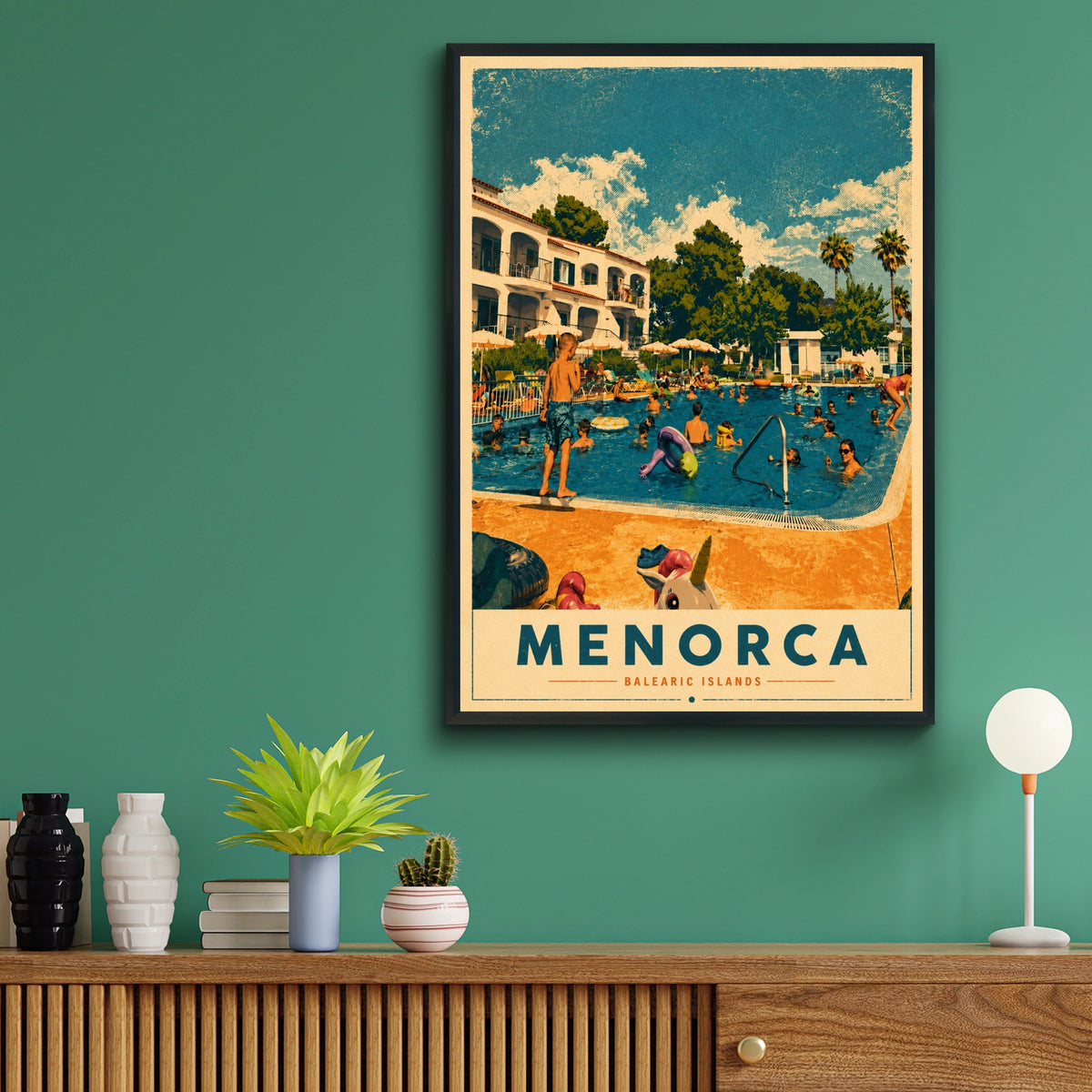 Menorca Poster, Balearic Islands Retro Travel Print, Spain Pool Summer Wall Art