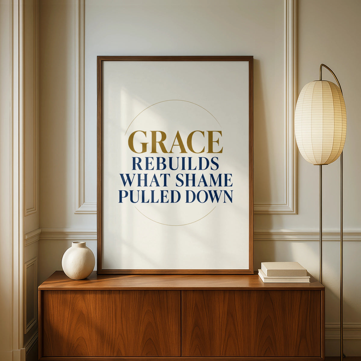 Grace Rebuilds What Shame Pulled Down, Christian Quote Poster, Navy Gold Wall Art