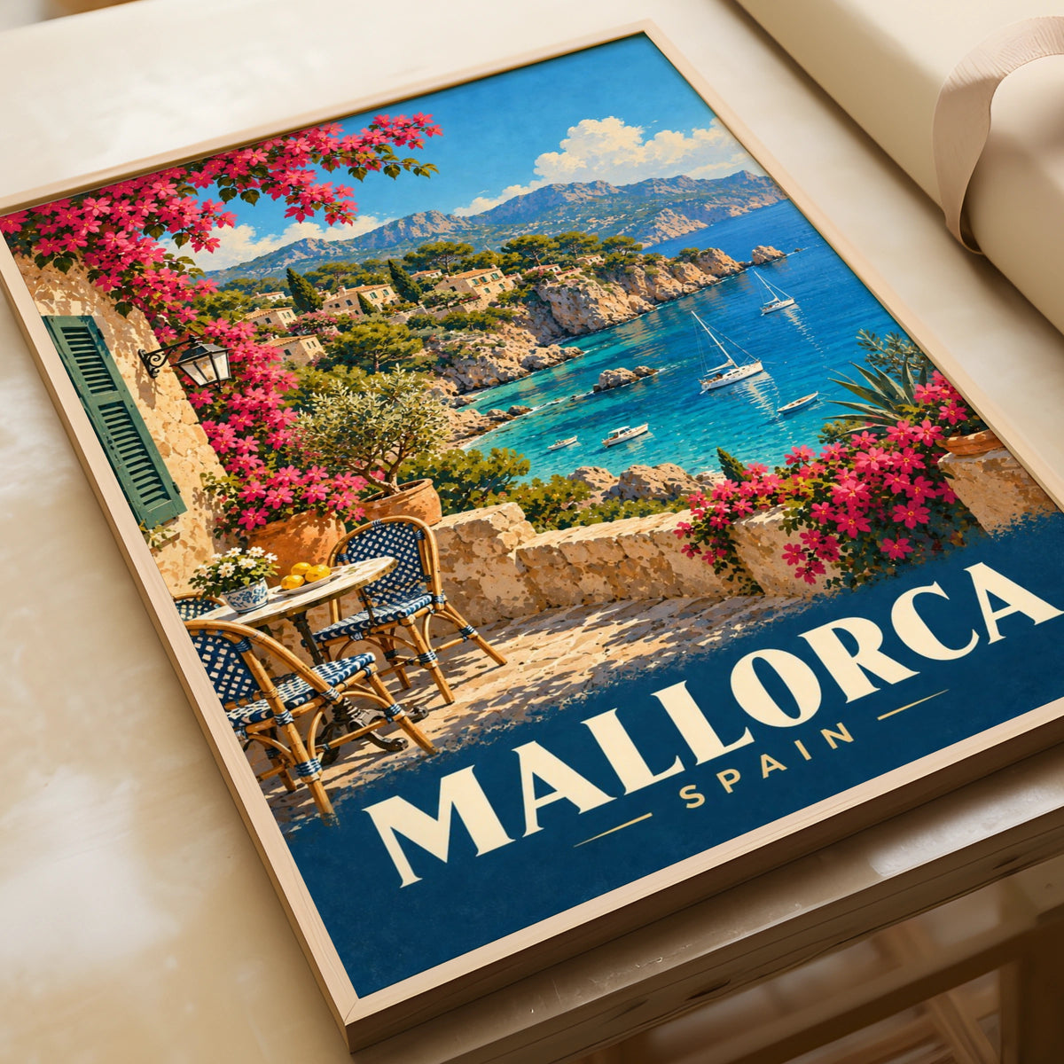 Mallorca Spain Travel Poster, Vintage Mediterranean Wall Art, Balearic Coast Print