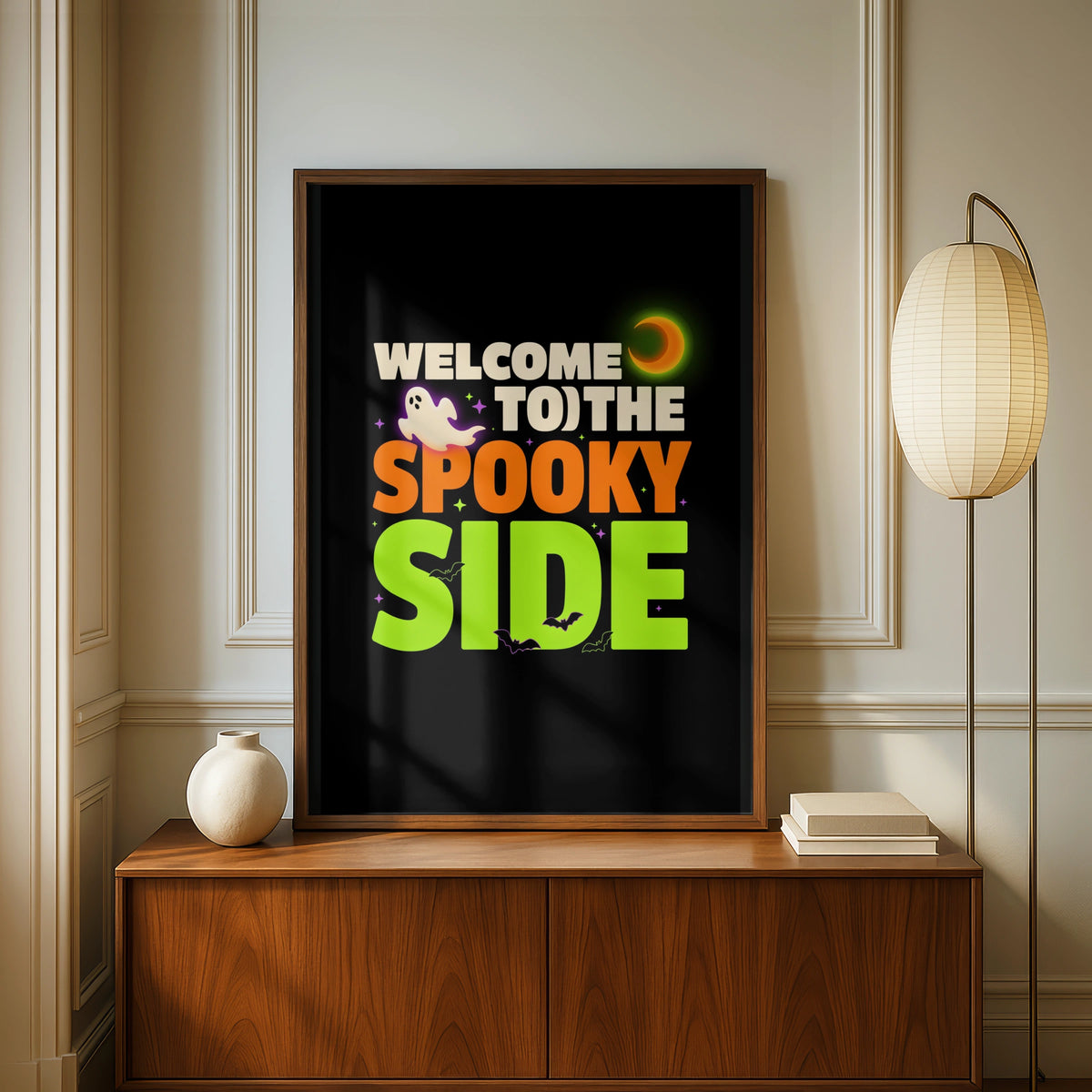 Welcome To The Spooky Side Halloween Poster, Ghost Bat Moon Wall Art Print